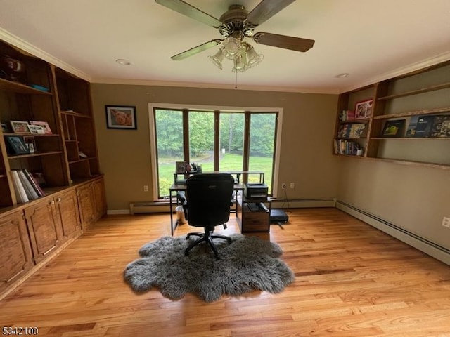 home office featuring ornamental molding, light wood-type flooring, and baseboards