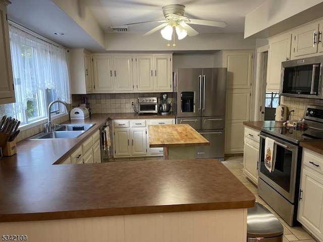 kitchen with stainless steel appliances, tasteful backsplash, butcher block counters, a sink, and ceiling fan