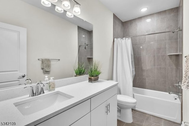 full bath featuring toilet, shower / tub combo, tile patterned flooring, and vanity