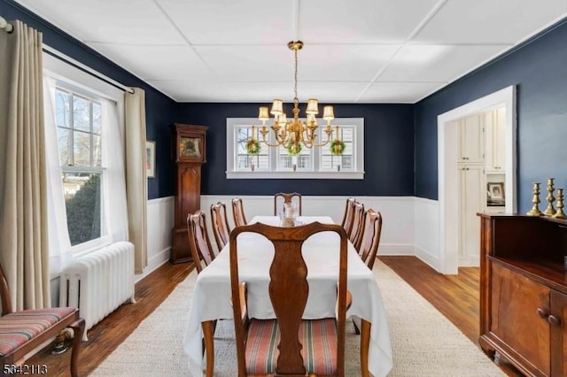 dining area featuring a wainscoted wall, wood finished floors, a paneled ceiling, and radiator