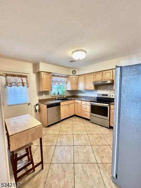 kitchen with tasteful backsplash, appliances with stainless steel finishes, light brown cabinetry, under cabinet range hood, and a sink