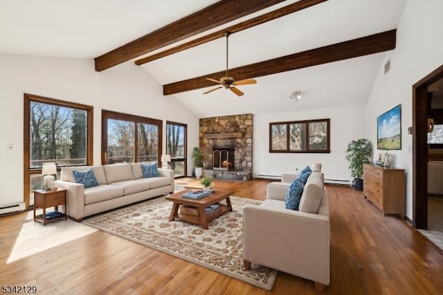 living room featuring high vaulted ceiling, beamed ceiling, a stone fireplace, and wood finished floors