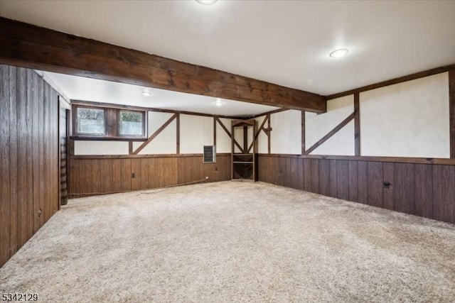 basement with carpet, a wainscoted wall, and wood walls