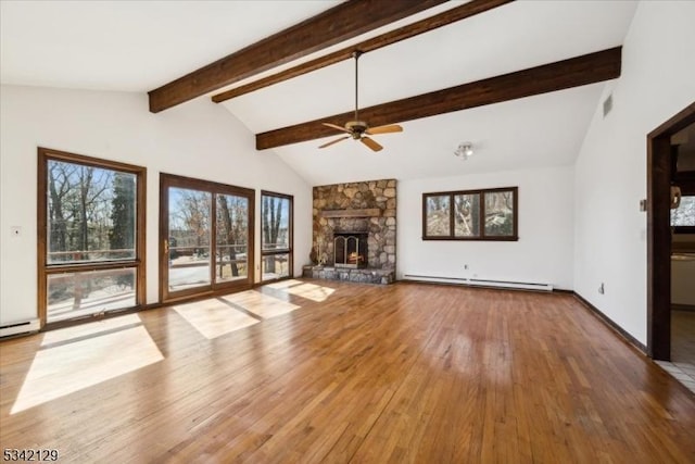 unfurnished living room featuring a fireplace, visible vents, lofted ceiling with beams, baseboard heating, and hardwood / wood-style flooring