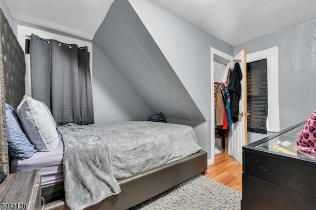 bedroom featuring wood finished floors and vaulted ceiling