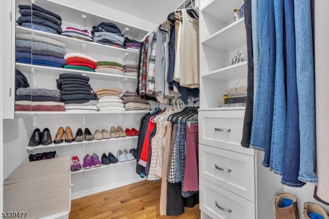 walk in closet with wood finished floors