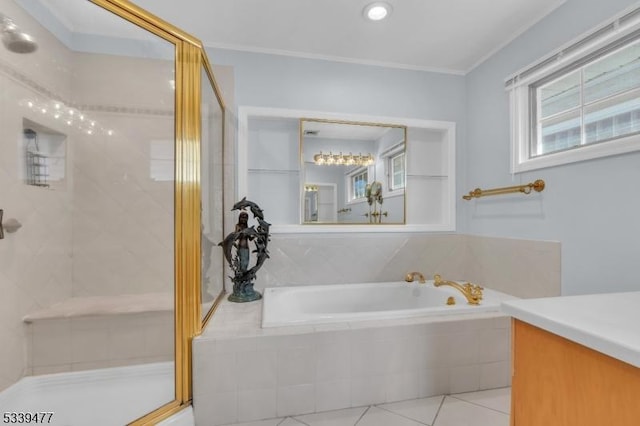 full bath with ornamental molding, a stall shower, vanity, and a bath