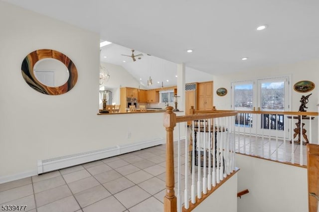 corridor with lofted ceiling, light tile patterned flooring, a baseboard radiator, recessed lighting, and an upstairs landing