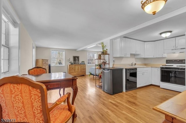 kitchen featuring white electric range oven, black dishwasher, under cabinet range hood, and white cabinets