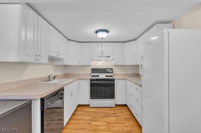 kitchen featuring light wood-style flooring, white cabinets, a sink, white appliances, and under cabinet range hood