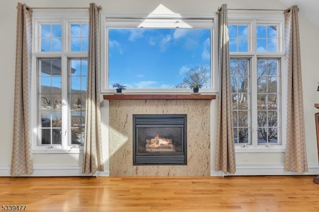 interior details with wood finished floors and a glass covered fireplace