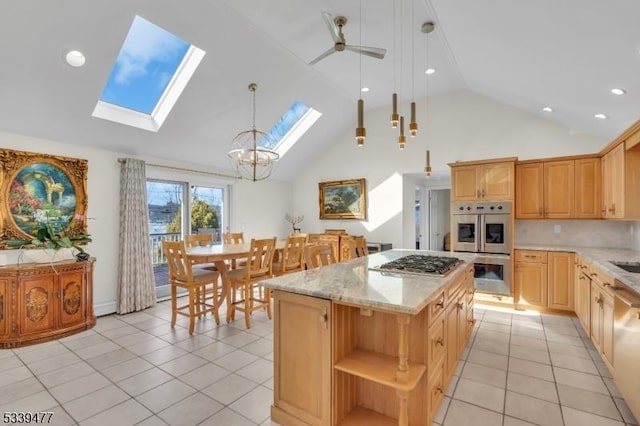 kitchen with light tile patterned floors, stainless steel appliances, hanging light fixtures, a center island, and open shelves