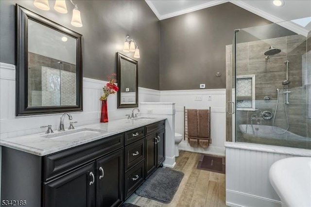 full bath featuring ornamental molding, a wainscoted wall, a sink, and a shower stall