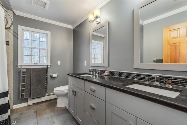 full bathroom with ornamental molding, a baseboard radiator, and a sink