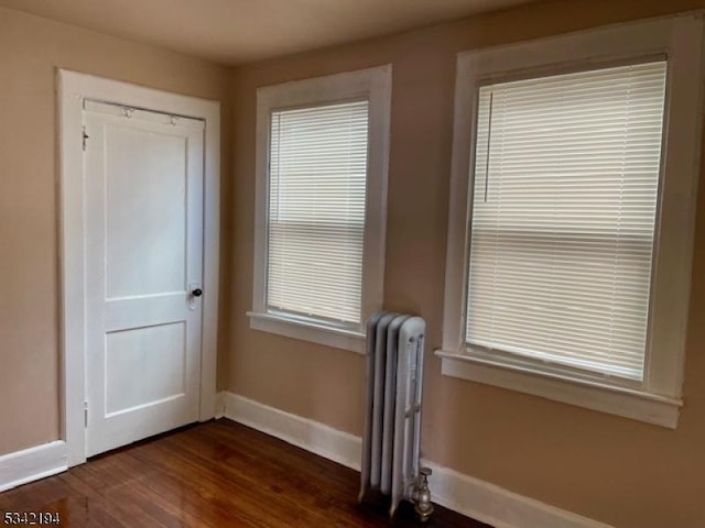 interior space featuring baseboards, radiator, and dark wood-type flooring