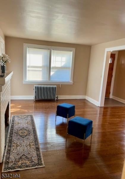 living area with baseboards, radiator, wood finished floors, and a fireplace