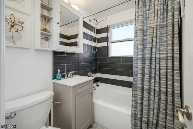 bathroom with shower / bath combo, vanity, toilet, and decorative backsplash