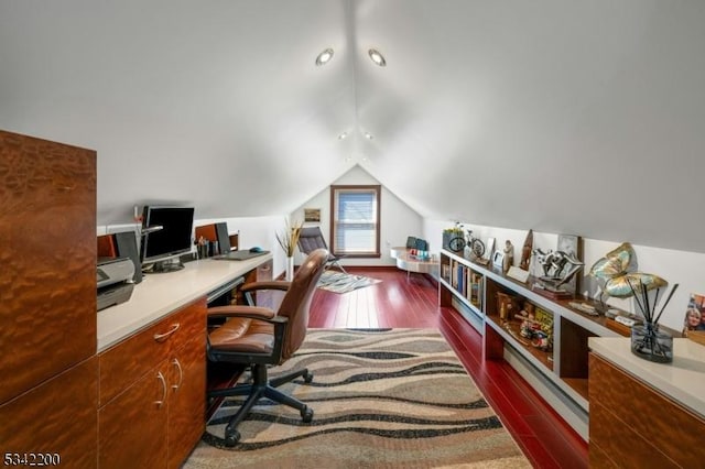 office area with lofted ceiling and wood finished floors