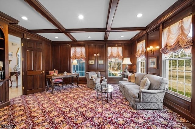 interior space with beam ceiling, coffered ceiling, and wooden walls