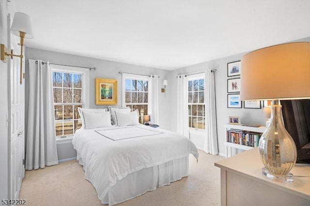 bedroom featuring light colored carpet