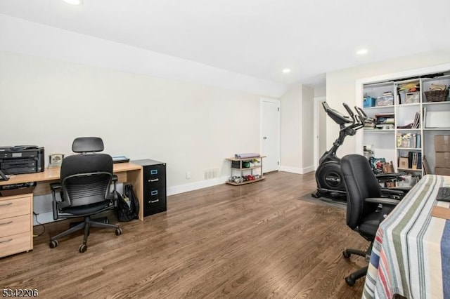 office space with recessed lighting, wood finished floors, visible vents, and baseboards