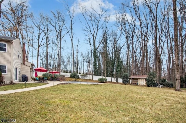 view of yard featuring an outbuilding, a patio, and fence