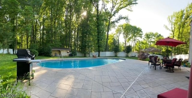 view of pool with a fenced in pool, a fenced backyard, and a patio