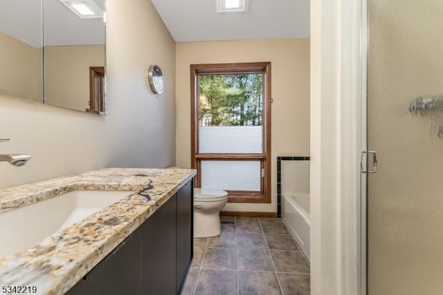 full bathroom with tile patterned flooring, a shower with door, toilet, a bath, and vanity