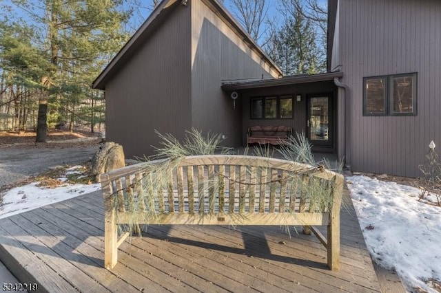 view of snow covered deck