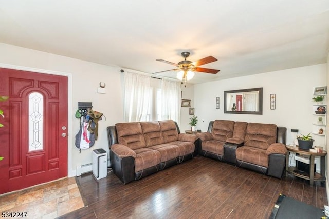 living room with ceiling fan, baseboard heating, and wood finished floors