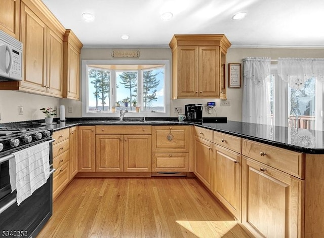 kitchen featuring white microwave, a peninsula, a sink, ornamental molding, and gas stove