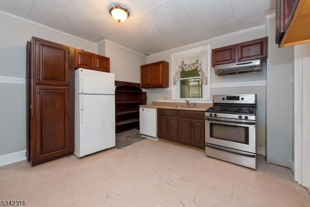 kitchen featuring white appliances, ornamental molding, light countertops, under cabinet range hood, and a sink