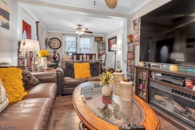 living room featuring a ceiling fan, crown molding, and wood finished floors