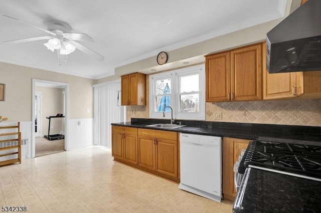 kitchen with ornamental molding, stainless steel range with gas stovetop, a sink, dishwasher, and extractor fan