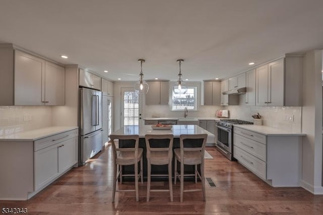 kitchen with dark wood-style flooring, high end appliances, a kitchen island, under cabinet range hood, and a kitchen breakfast bar