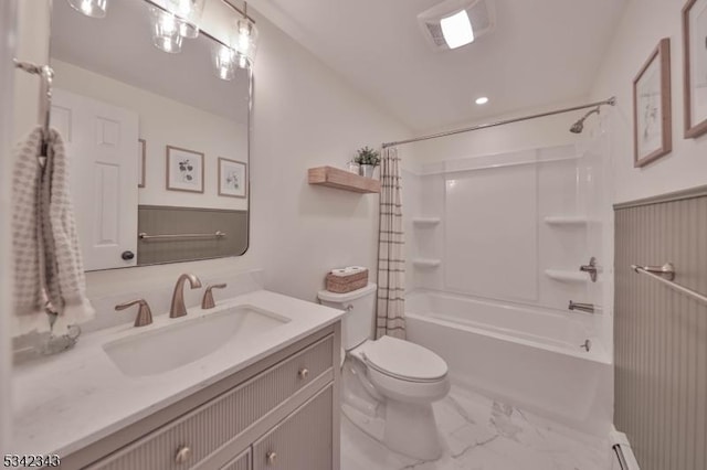 full bath featuring visible vents, bathing tub / shower combination, toilet, marble finish floor, and vanity