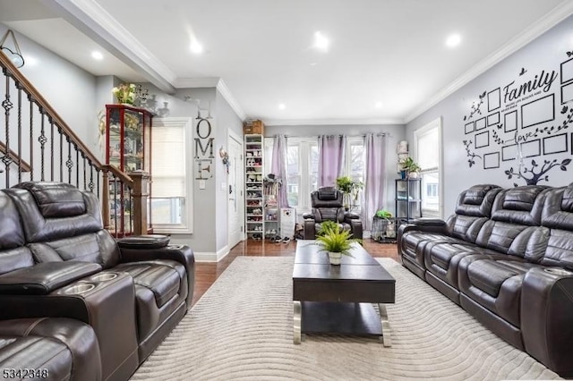 living room with stairway, wood finished floors, baseboards, recessed lighting, and ornamental molding