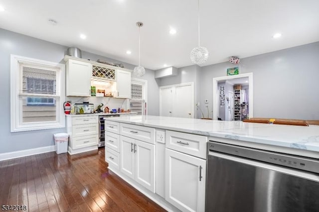 kitchen featuring white cabinetry, dark wood-type flooring, wine cooler, stainless steel dishwasher, and decorative light fixtures