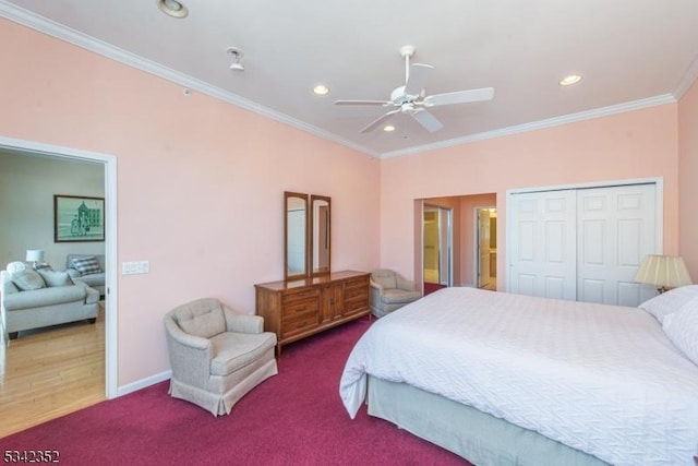 bedroom featuring ensuite bathroom, recessed lighting, a closet, crown molding, and baseboards