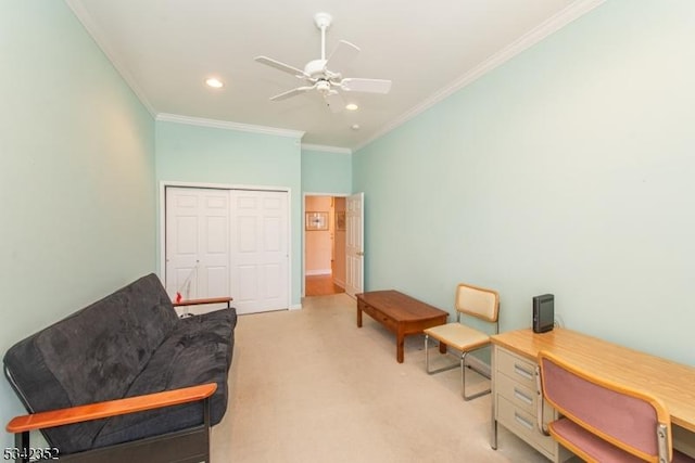 living area with crown molding, recessed lighting, light colored carpet, and ceiling fan