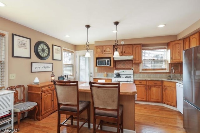 kitchen featuring light wood finished floors, appliances with stainless steel finishes, light countertops, under cabinet range hood, and a sink