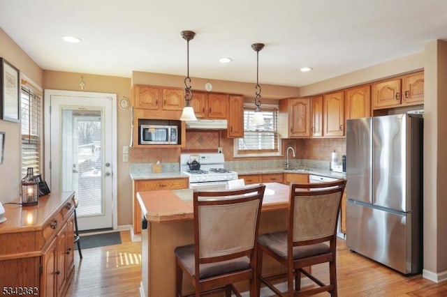 kitchen with under cabinet range hood, stainless steel appliances, a sink, light countertops, and light wood-type flooring