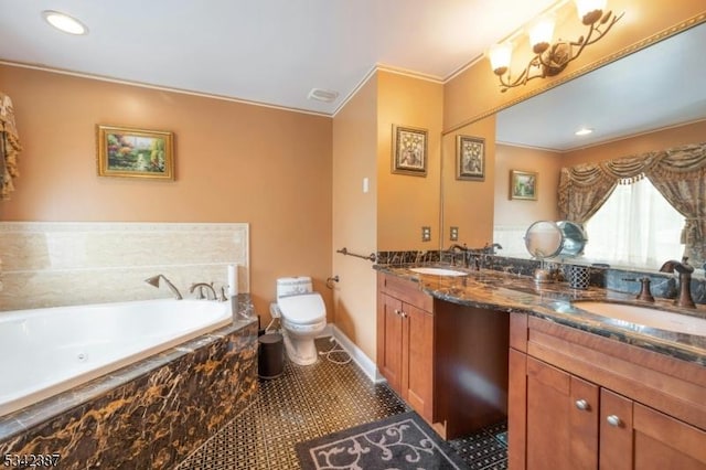 bathroom with toilet, a sink, double vanity, and a bath