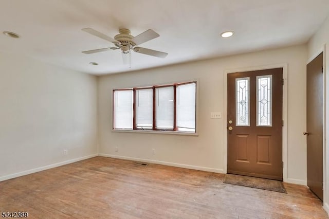 entryway featuring light wood finished floors, recessed lighting, a ceiling fan, and baseboards