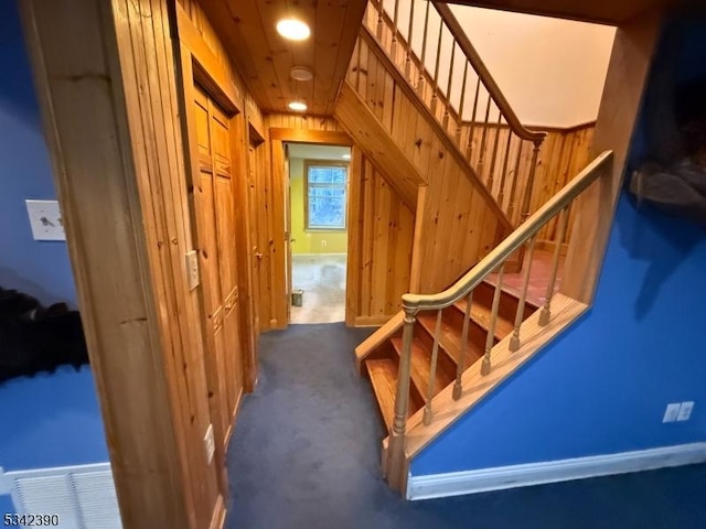 staircase featuring carpet floors