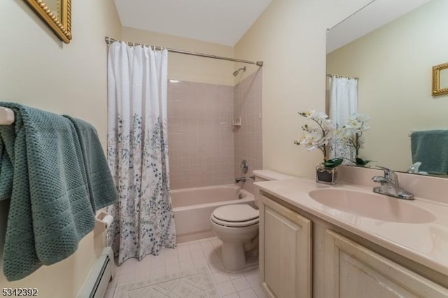 bathroom featuring toilet, a baseboard radiator, shower / tub combo with curtain, tile patterned flooring, and vanity