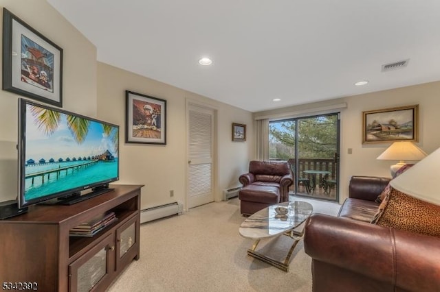 living area with light carpet, visible vents, baseboard heating, and recessed lighting