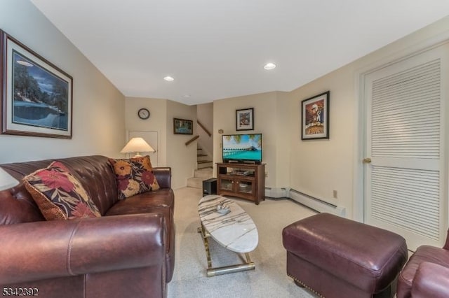 living area featuring recessed lighting, stairs, a baseboard heating unit, and light colored carpet