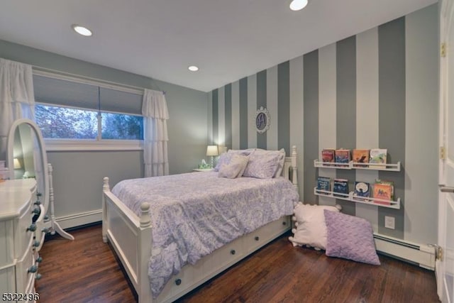 bedroom featuring wallpapered walls, a baseboard heating unit, wood finished floors, and recessed lighting