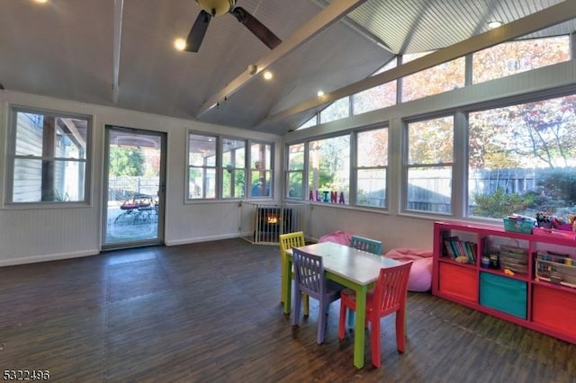 sunroom with vaulted ceiling with beams and ceiling fan